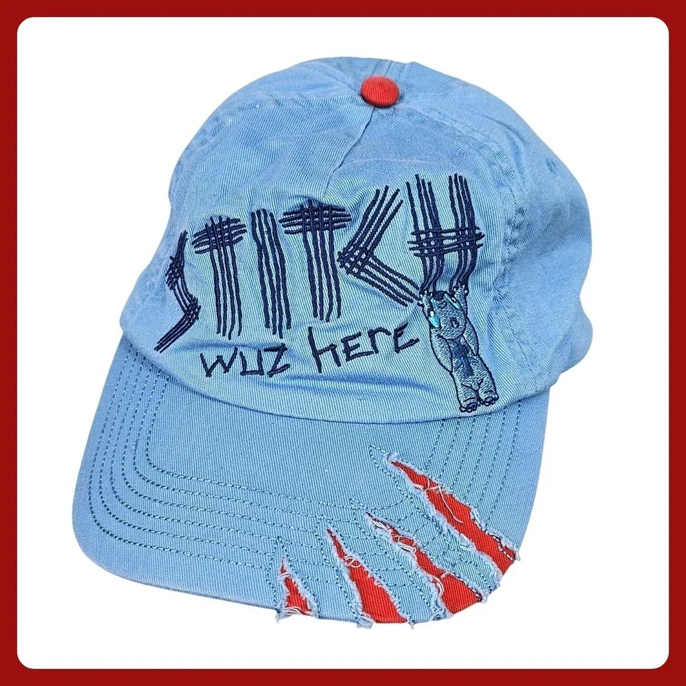 Disney Parks Stitch Wuz‎ Here Youth Hat Blue Distressed Claw Marks Baseball Cap